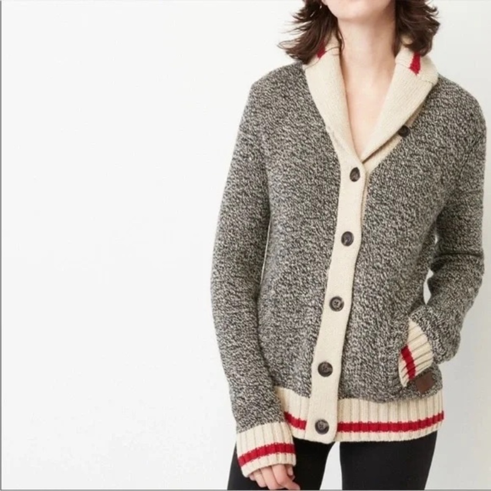ROOTS Canada Cabin Wool Button Front Shawl Cardigan Sweater Salt & Pepper (S) - Picture 2 of 2